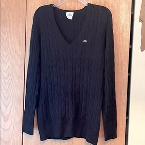 Lacoste Men’s Black Cotton Cable Knit V Neck Sweater Peru Size XL 44 EUC